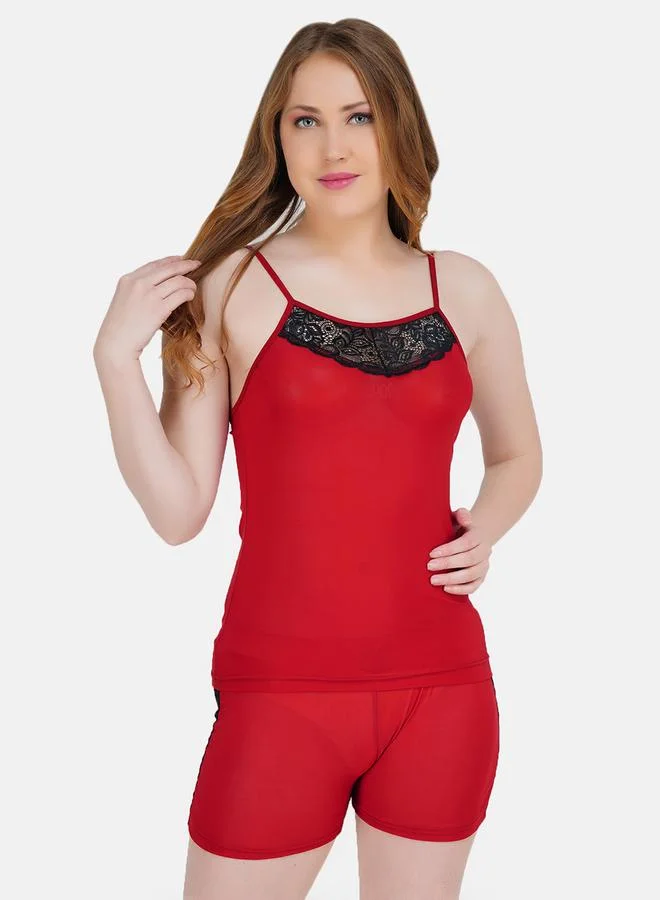 تايك تو طقم كامي وشورت بتفاصيل دانتيل أحمر للنساء